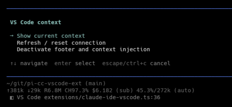 The /vscode command menu and footer status